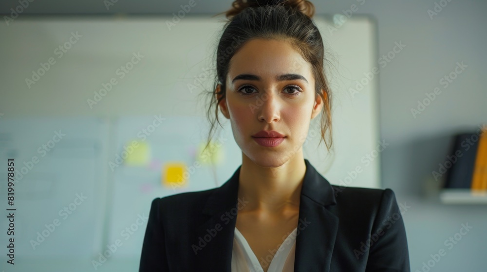 Young professional woman with a confident expression wearing a black blazer and a white blouse standing in an office environment with a whiteboard and notes in the background. Young professional woman with a confident expression wearing a black blazer and a white blouse standing in an office environment with a whiteboard and notes in the background.