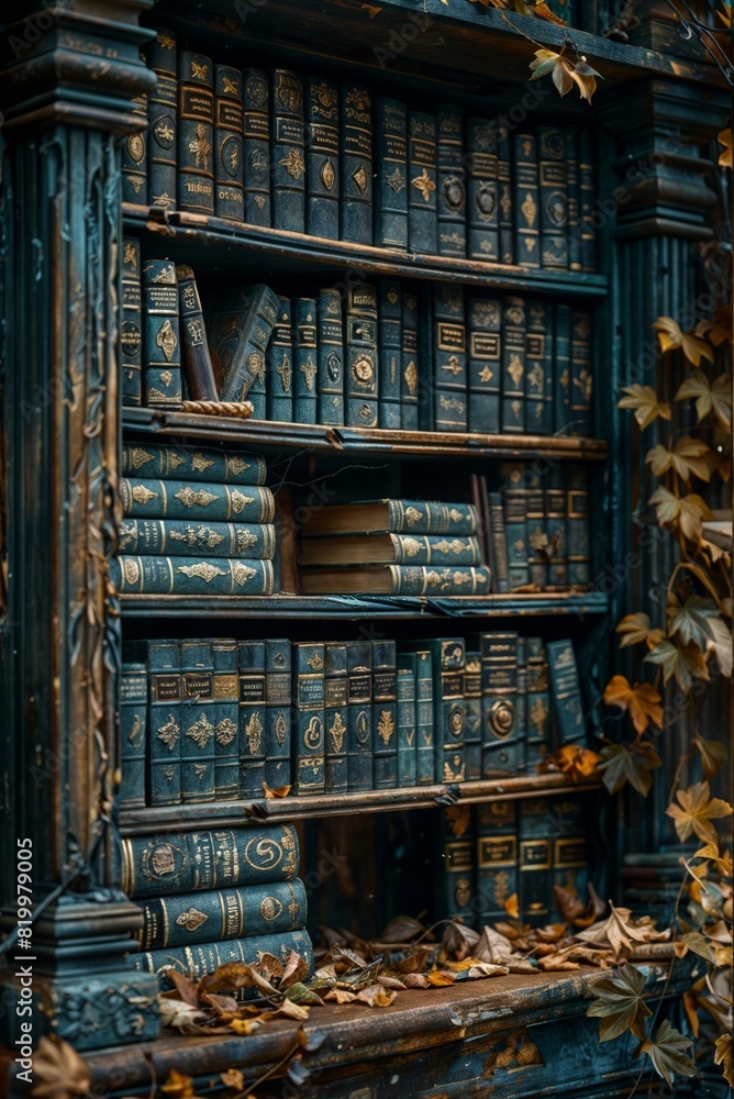 A bookshelf filled with old books, surrounded by fall leaves and vines.