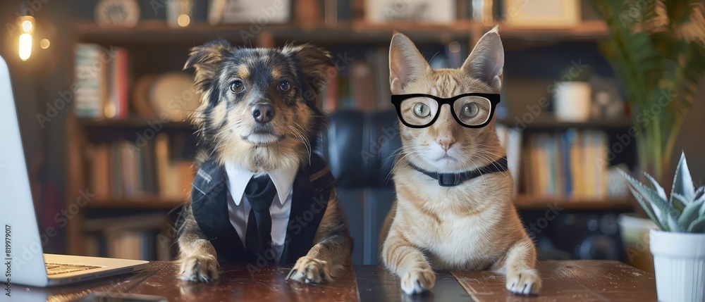 Dog and cat dressed in formal attire with glasses, posing together in a home office, professional setting Dog and cat dressed in formal attire with glasses, posing together in a home office, professional setting