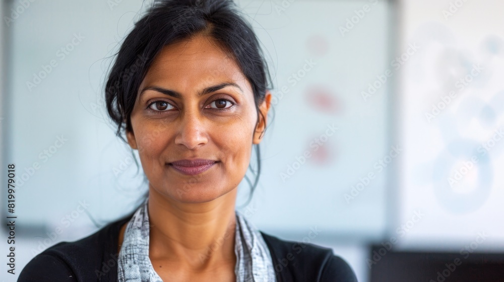 A woman with dark hair and a warm smile wearing a black top with a patterned scarf standing in front of a whiteboard with blue and red designs. A woman with dark hair and a warm smile wearing a black top with a patterned scarf standing in front of a whiteboard with blue and red designs.