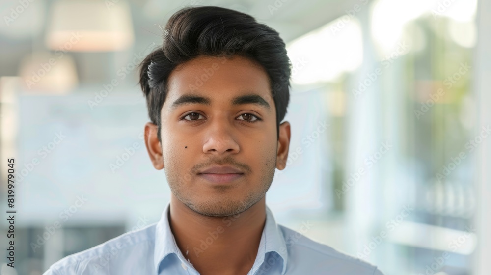 Young man with short dark hair and a light blue shirt looking directly at the camera with a neutral expression set against a blurred background. Young man with short dark hair and a light blue shirt looking directly at the camera with a neutral expression set against a blurred background.