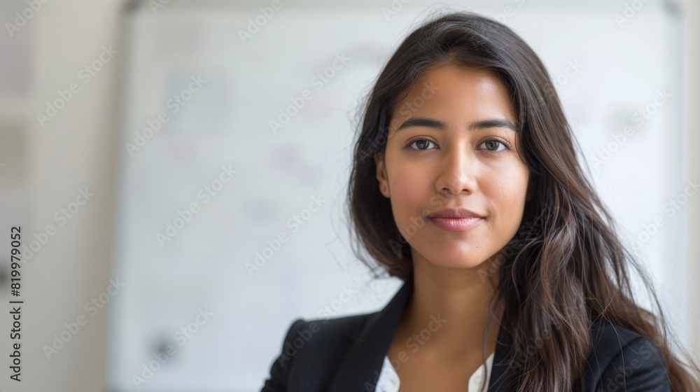 Young woman with long dark hair wearing a black blazer posing with a slight smile against a whiteboard with writing in the background. Young woman with long dark hair wearing a black blazer posing with a slight smile against a whiteboard with writing in the background.