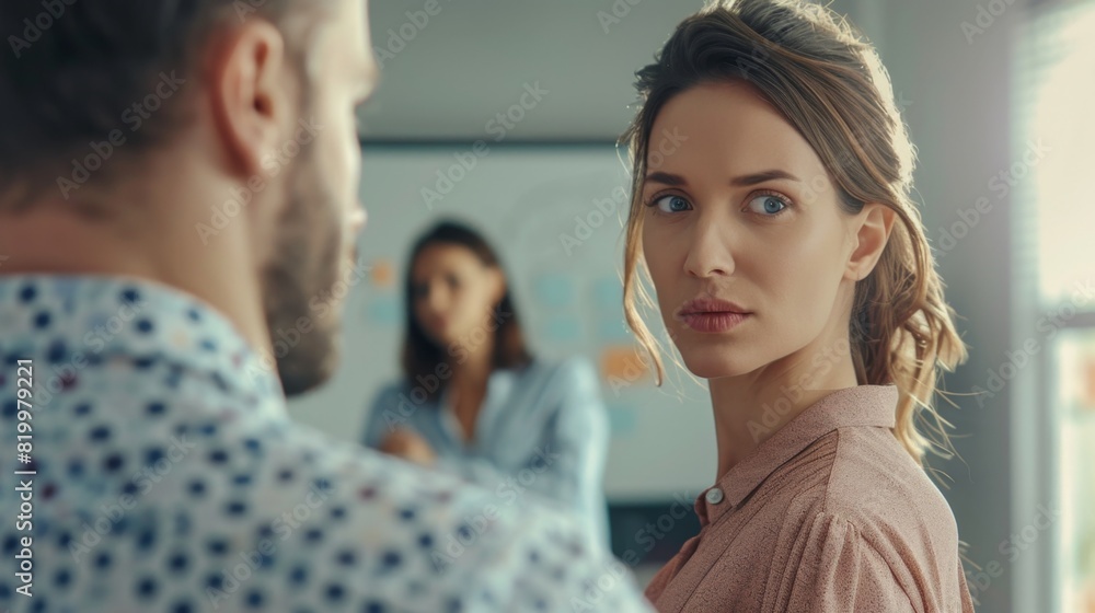 A woman with a concerned expression looking to her left in an office setting with a blurred man and another woman in the background. A woman with a concerned expression looking to her left in an office setting with a blurred man and another woman in the background.