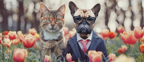 Dog and cat in suits and glasses, standing together in a garden, spring flowers background photo
