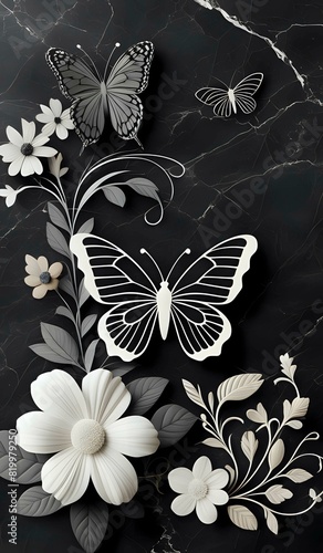 marble background with flower designs and butterfly silhouette, wall decoration in black tones