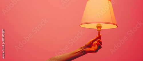 A human hand holding a lamp against a solid color backdrop with copy space