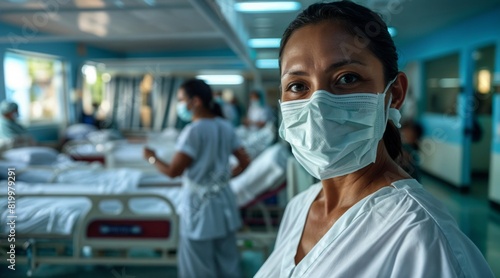 A woman in a white coat and face mask, with a hospital corridor and beds in the background.