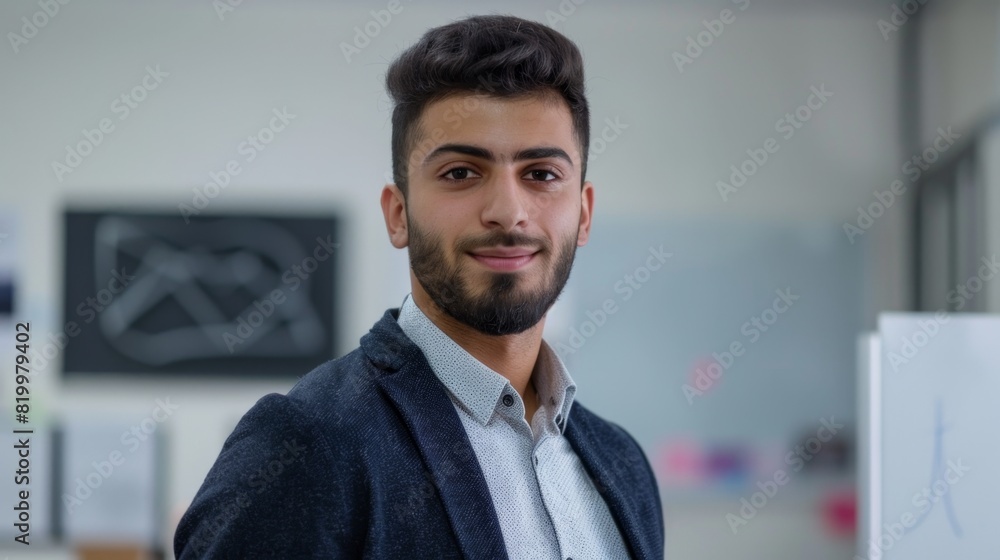 Obraz premium A young man with a beard wearing a dark blazer and a light blue shirt smiling at the camera in an office setting with a whiteboard and artwork in the background.