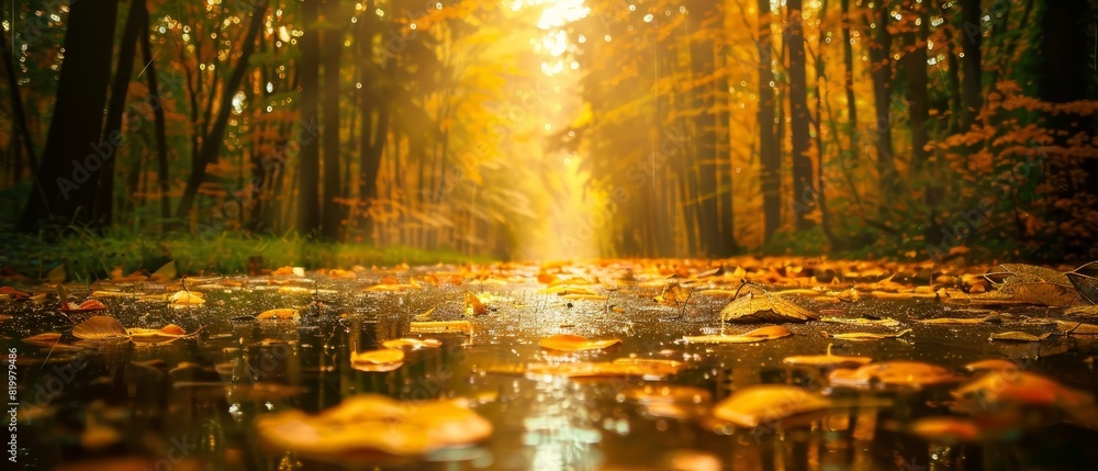Naklejka premium Forest path with wet ground and yellow leaves, surrounded by green foliage and tall trees, glistening leaves, softly blurred background for serene atmosphere