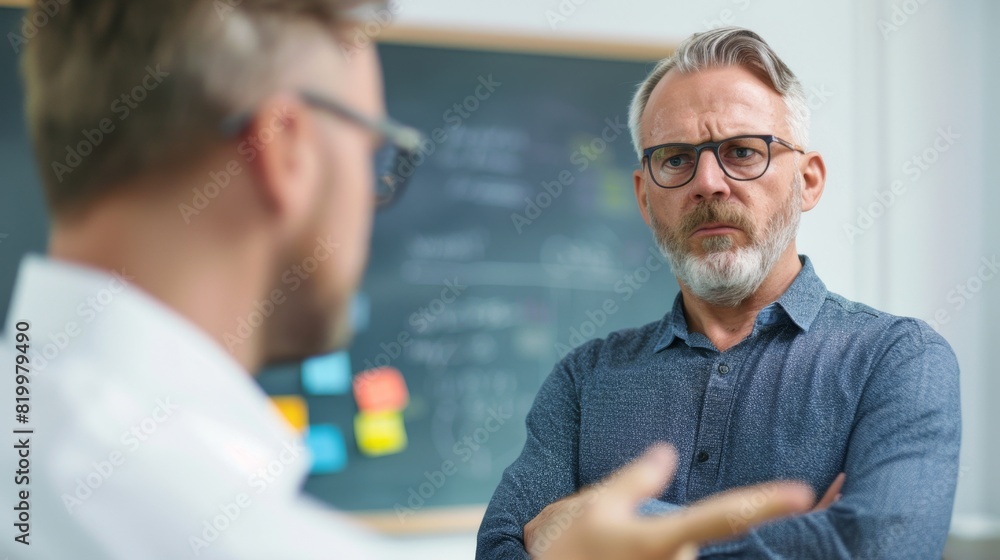 Two men engaged in a serious discussion in a classroom setting with one gesturing and the other listening attentively. Two men engaged in a serious discussion in a classroom setting with one gesturing and the other listening attentively.