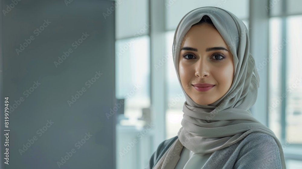 A woman with a gentle smile wearing a light-colored hijab standing in a modern well-lit room with large windows. A woman with a gentle smile wearing a light-colored hijab standing in a modern well-lit room with large windows.