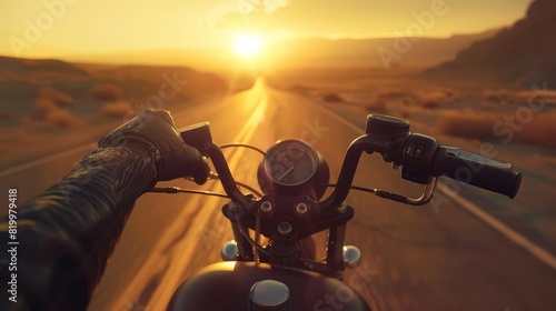 A human hand holding a motorcycle in a desert highway at sunset, evoking a sense of freedom with a blurred backdrop photo