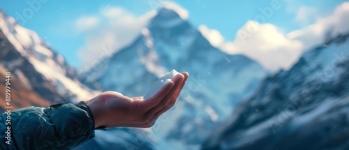 A human hand holding a mountain with a snowcapped peak and clear blue sky, evoking a sense of majesty with a blurred backdrop