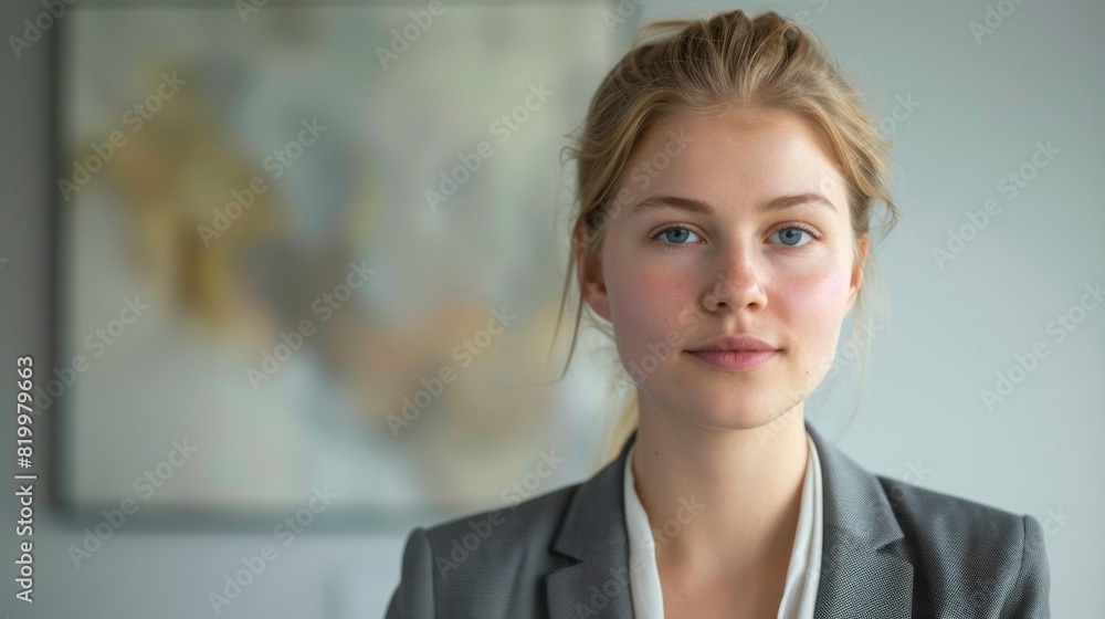 Young woman with blonde hair and blue eyes wearing a gray blazer standing in front of a blurred abstract painting.