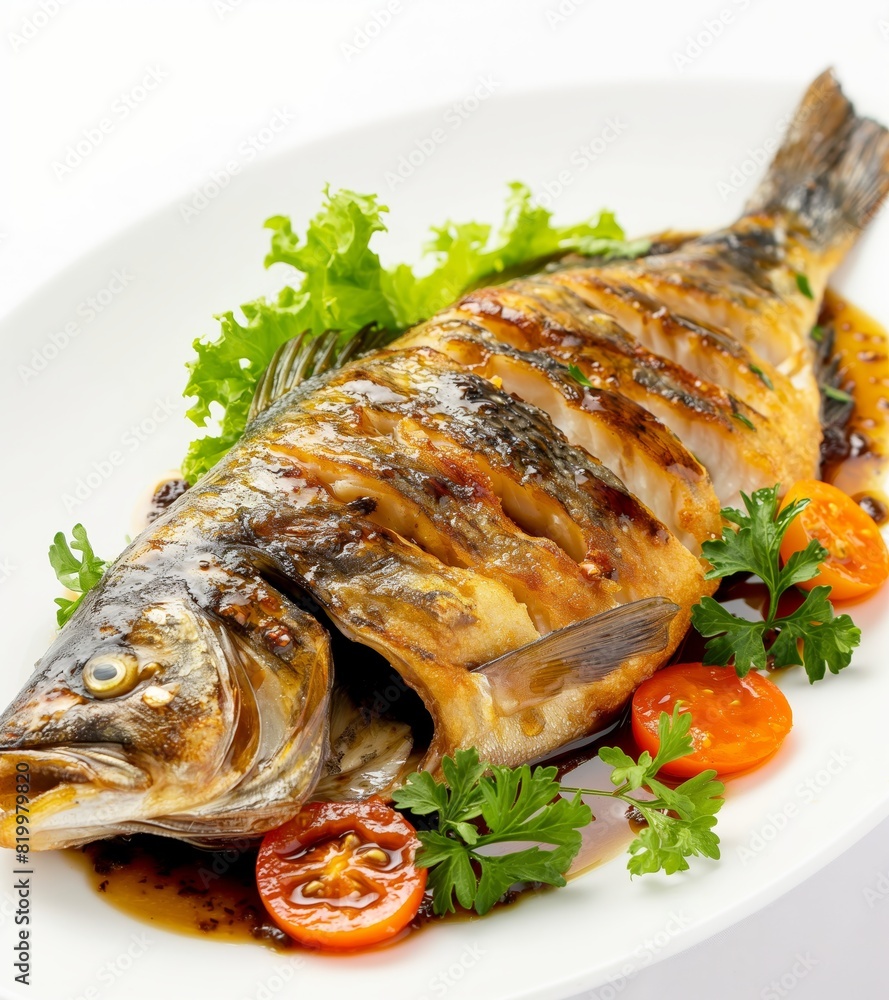 A fish is on a plate with tomatoes and parsley generated by AI A fish is on a plate with tomatoes and parsley generated by AI