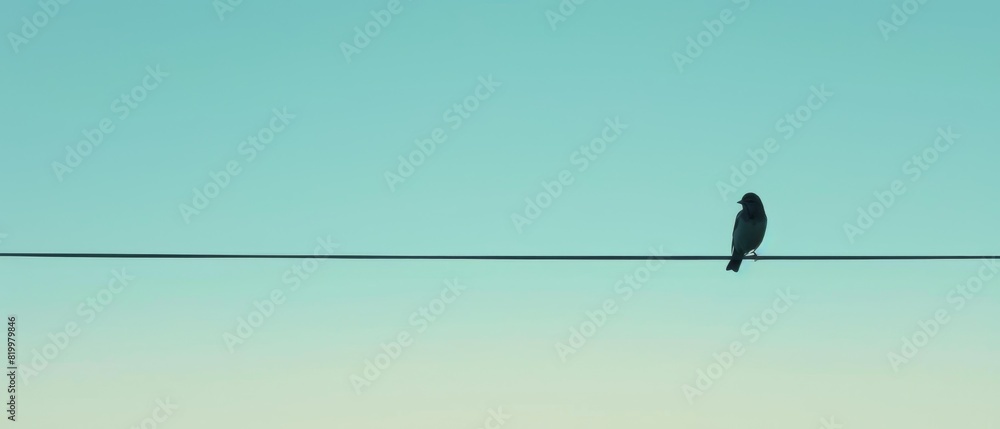 Minimalist photo of a lone bird on a wire against a clear sky, clean composition with ample negative space Minimalist photo of a lone bird on a wire against a clear sky, clean composition with ample negative space