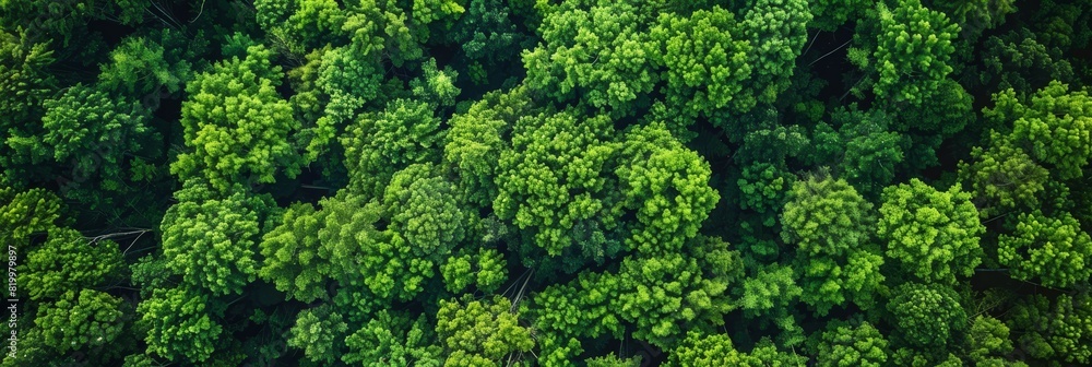 Naklejka premium Bird's eye view of an endless sea of green treetops, symbolizing tranquility and nature.