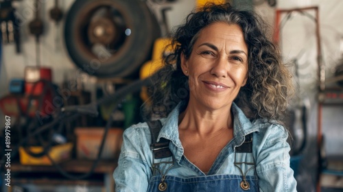A smiling woman in a denim jumpsuit standing in a workshop with various tools and equipment in the background.