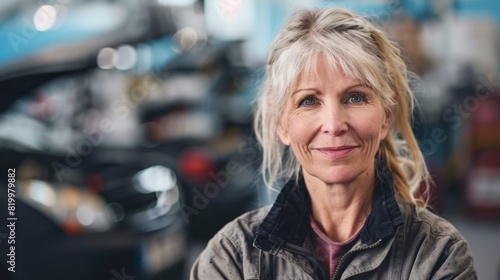 Woman with short blonde hair smiling wearing a black jacket in a blurred automotive workshop background. © iuricazac