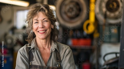 Smiling woman in mechanic's shop wearing overalls surrounded by tools and equipment.