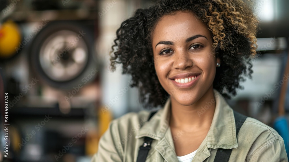 Smiling woman with curly hair wearing a green shirt and suspenders standing in a workshop with blurred tools and equipment in the background. Smiling woman with curly hair wearing a green shirt and suspenders standing in a workshop with blurred tools and equipment in the background.