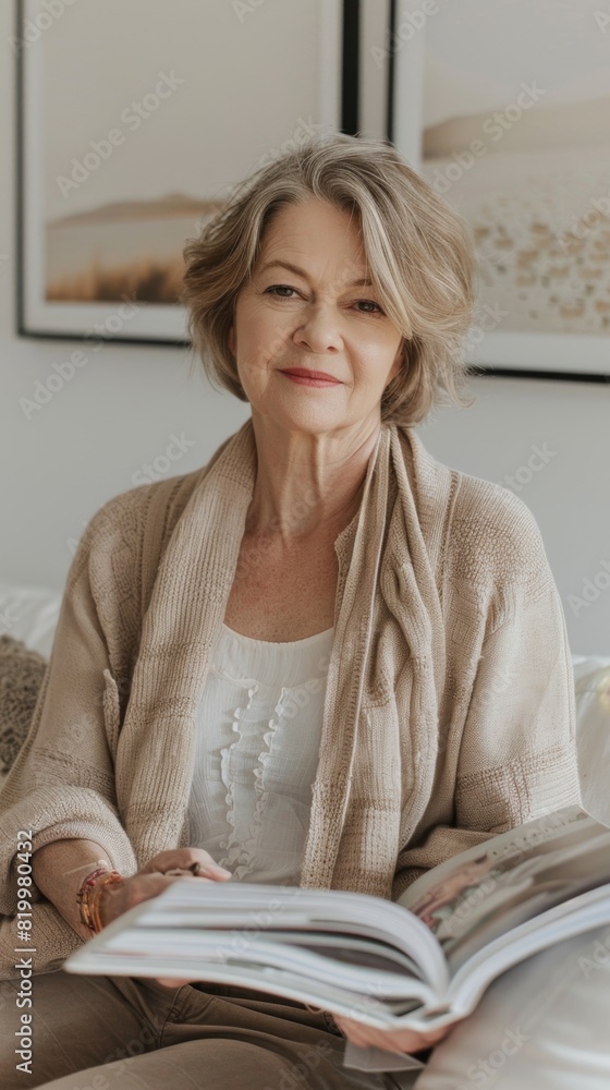 Woman with short gray hair wearing a beige cardigan sitting on a white couch holding a magazine in a modern living room with framed art on the wall. Woman with short gray hair wearing a beige cardigan sitting on a white couch holding a magazine in a modern living room with framed art on the wall.