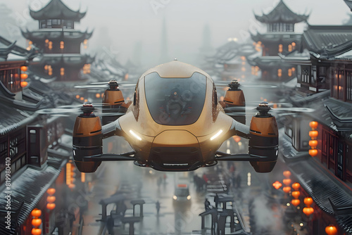 Futuristic Driverless Autonomous City Taxi Drone - Innovative Smart Mobility Concept photo