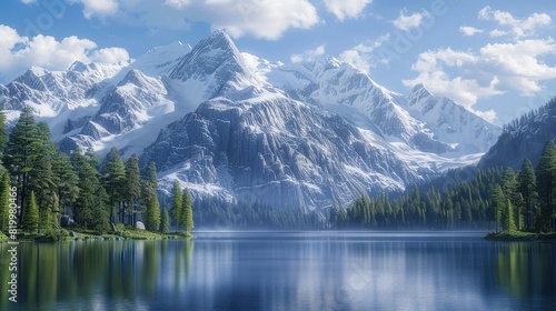 A digital painting of a mountain landscape. There is a large snow-capped mountain in the distance with smaller mountains in the foreground.