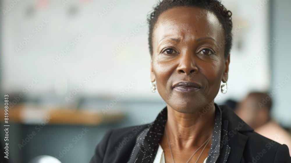 A poised woman with a serious expression wearing a black blazer with a white shirt and a necklace standing in an office environment. A poised woman with a serious expression wearing a black blazer with a white shirt and a necklace standing in an office environment.
