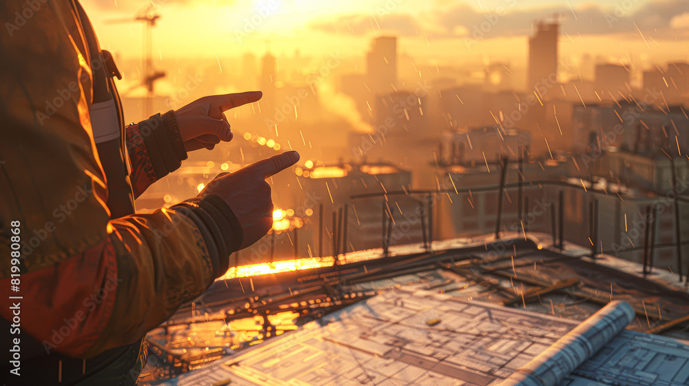 Fototapeta premium close-up details of workers hands pointing at a blueprint on a rooftop, the early sunlight casting long shadows, and a soft-focus urban landscape in the distance.