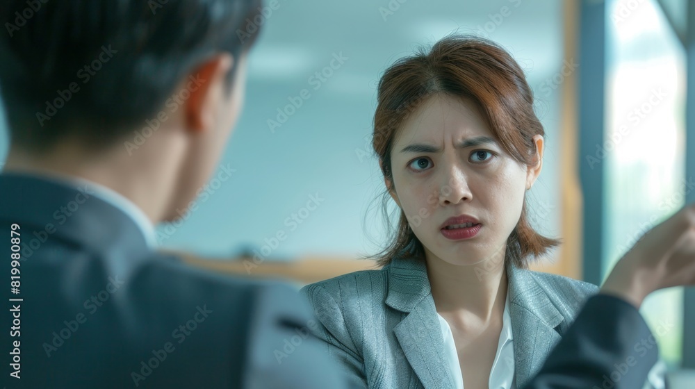 A woman with a concerned expression wearing a gray blazer looking at a man in a suit who is gestu ring with his hand.