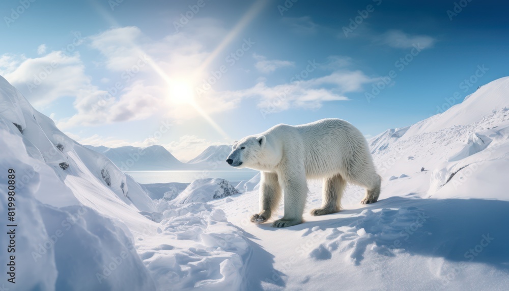 Polar bears walks in extreme winter weather, standing above snow with a view of the frost mountains Polar bears walks in extreme winter weather, standing above snow with a view of the frost mountains
