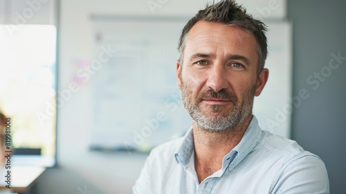A man with a beard and mustache wearing a light blue shirt sitting in an office with a whiteboard in the background.