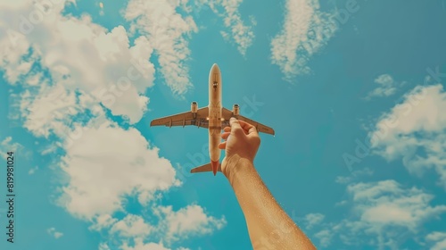 A human hand holding an airplane in a clear blue sky with clouds, evoking a sense of travel with a blurred backdrop