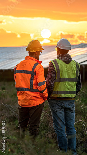 Two technical experts in high-visibility jackets and safety helmets discussing the logistics of a solar panel facility, against the backdrop of a high-tech green energy solution.