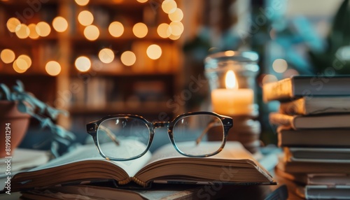 A human hand holding glasses in a cozy reading nook with a stack of books, evoking a sense of knowledge with a blurred backdrop