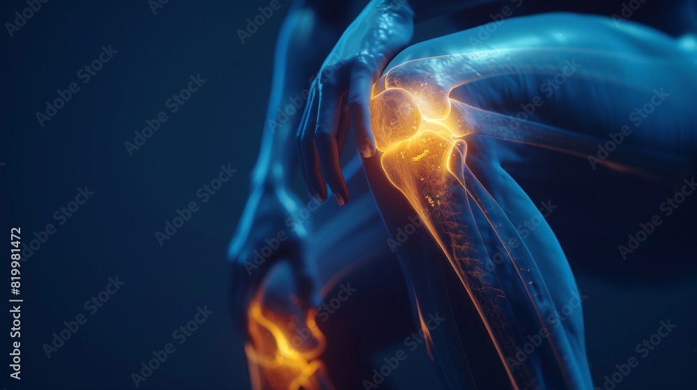 3d render of knee pain medical concept, close up human body with glowing orange in blue color background, xray style 3d render of knee pain medical concept, close up human body with glowing orange in blue color background, xray style