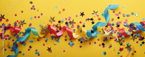 A burst of colorful short ribbons, metallic paper stars, and scattered confetti against a yellow background.