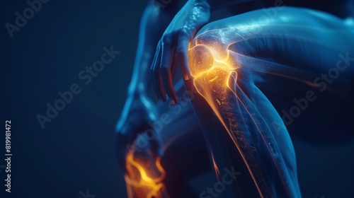 3d render of knee pain medical concept, close up human body with glowing orange in blue color background, xray style
