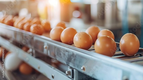 Fresh eggs on a modern packaging line in a food factory