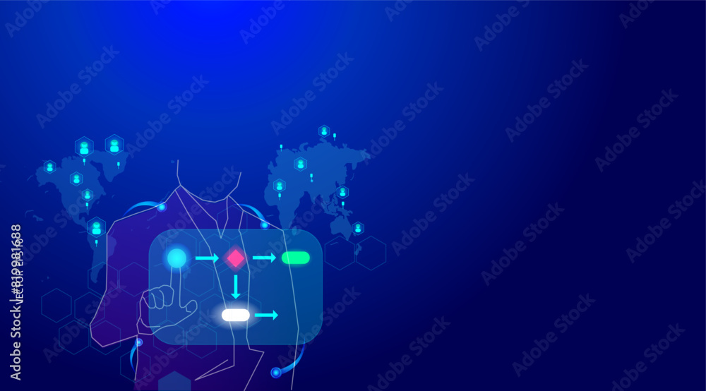Vector illustration. A businessman is opening the screen and setting up workflow management. Blue background business Vector illustration. A businessman is opening the screen and setting up workflow management. Blue background business