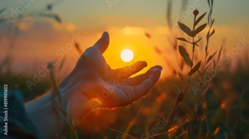 A human hand holding the sun with a vibrant sunrise or sunset, evoking a sense of awe with a blurred backdrop #819981603