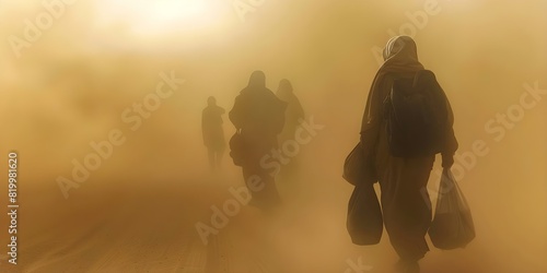 Weary refugees flee violence trudging along dusty road etched with exhaustion. Concept Conflict, Refugees, Violence, Exhaustion, Dusty Road