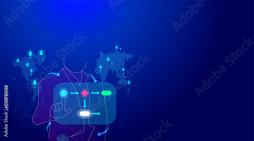 Vector illustration. A businessman is opening the screen and setting up workflow management. Blue background business