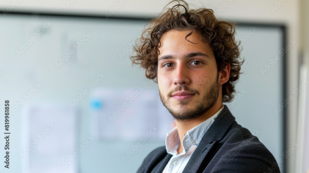 Fototapeta premium Young man with curly hair and beard wearing a dark suit and light shirt standing in front of a whiteboard with papers attached.