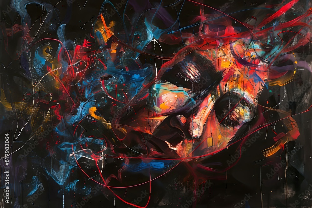 A painting depicting the face of a woman with vibrant and colorful hair A painting depicting the face of a woman with vibrant and colorful hair