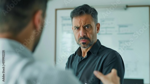 A man with a beard and mustache wearing a dark shirt standing in an office with a whiteboard in the background looking sternly at another man who is out of frame.