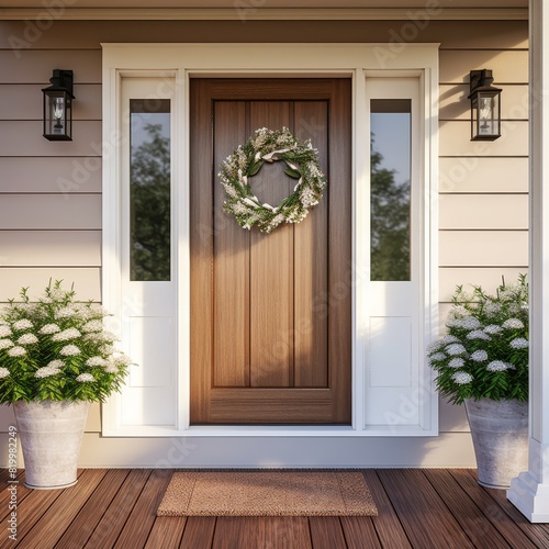 Residential home, vintage entrance wood solid door with the windows on sides and overhead. High quality photo