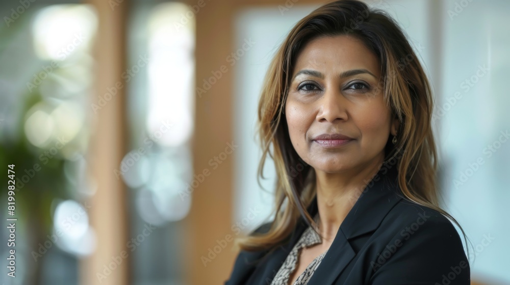 Professional woman with a confident expression wearing a black blazer and a patterned shirt standing in an office setting with blurred windows in the background. Professional woman with a confident expression wearing a black blazer and a patterned shirt standing in an office setting with blurred windows in the background.