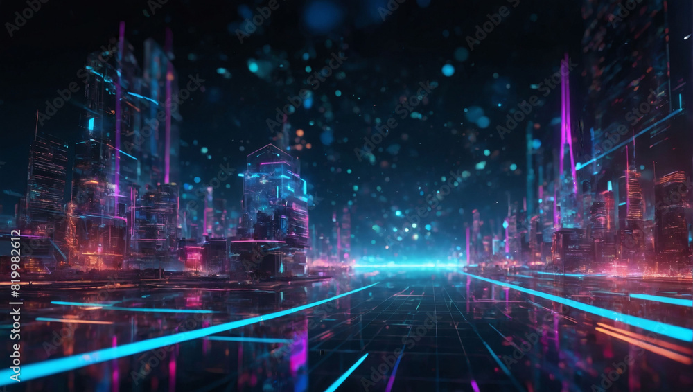 Digital metaverse with glowing neon elements, high-tech futuristic world, and interconnected global technology network
